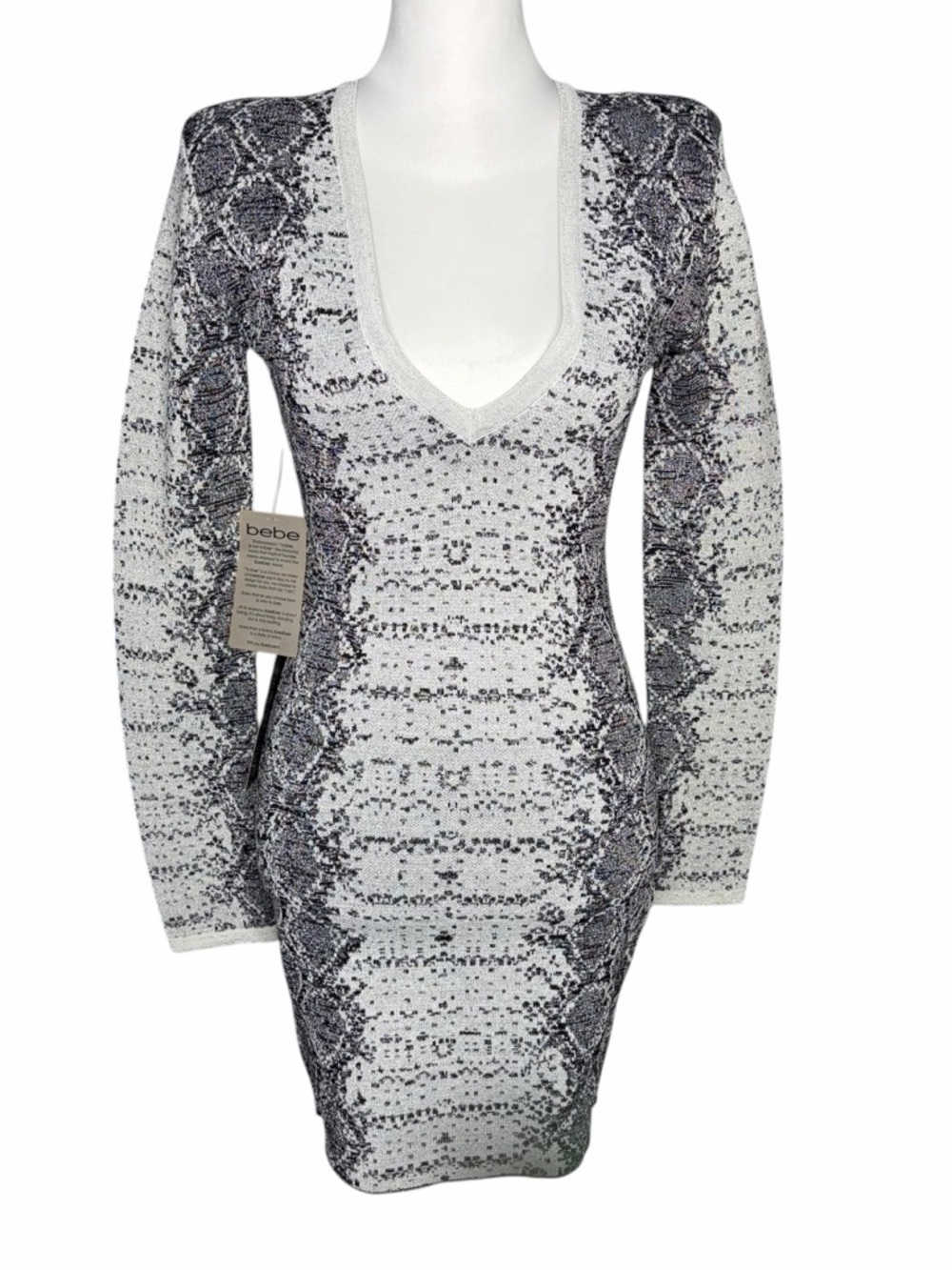 bebe Gray & White Snake-Print Long Sleeve V-Neck Bodycon Dress Size S